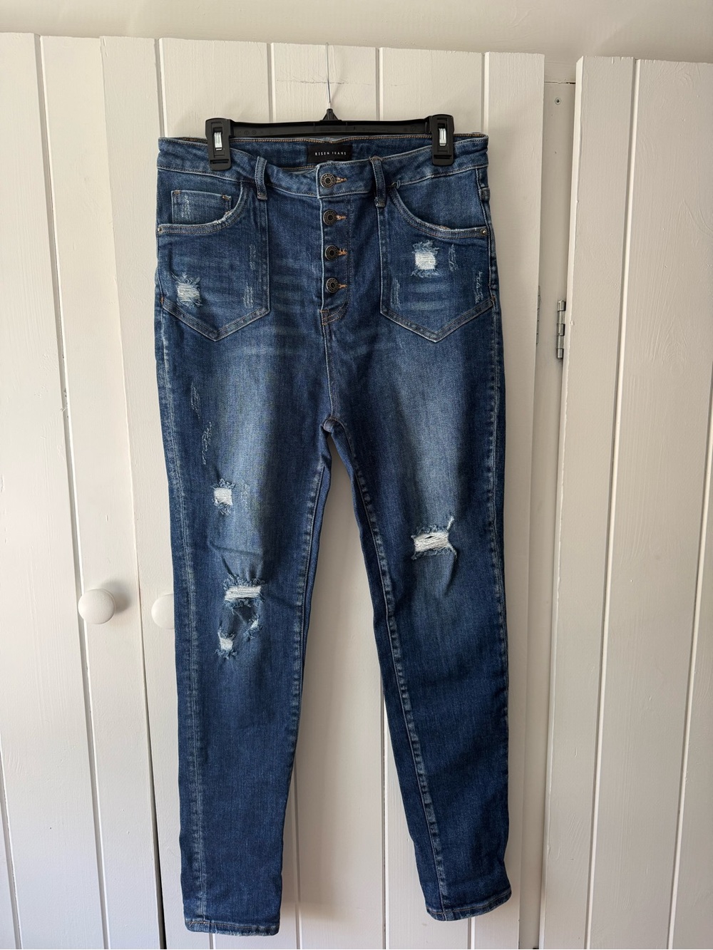 Risen High-Rise Distressed Skinny Jeans
